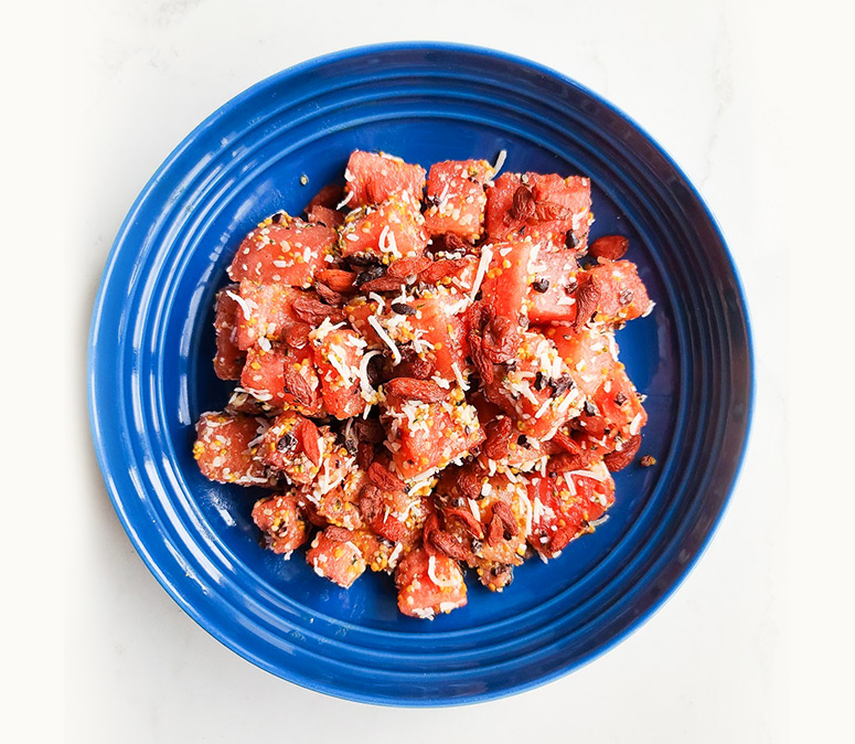 Watermelon Superfood Salad With Coconut, Cocao and Goji Berries